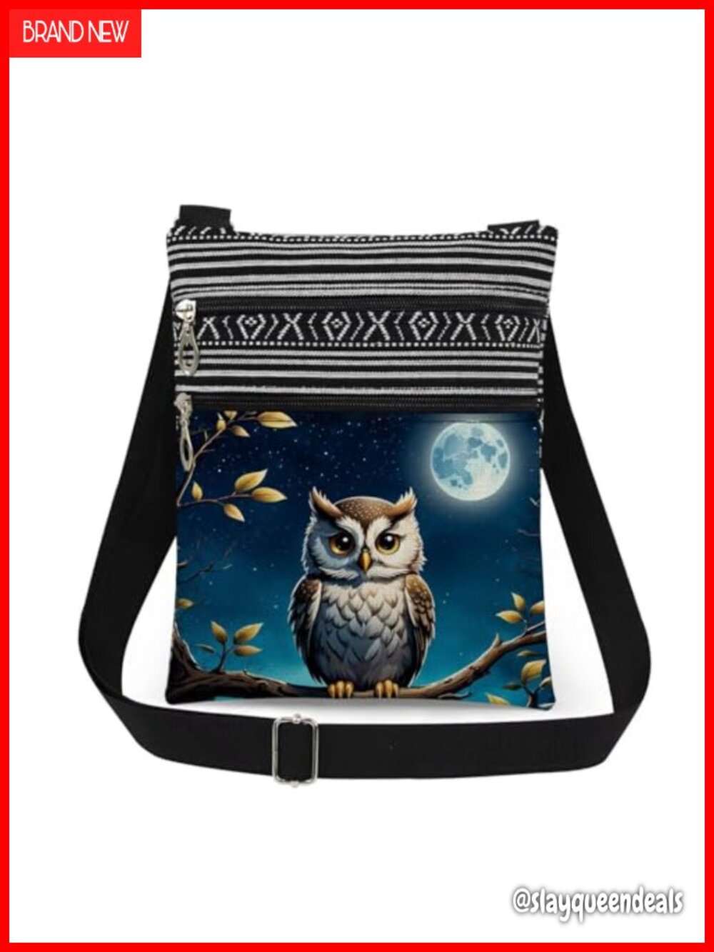 Owl Print Crossbody Bag Polyester Adjustable Strap Double Zipper